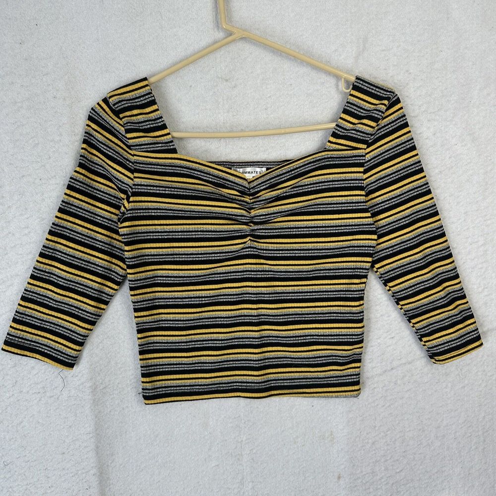 Roommates Women Crop Top Medium Yellow Gray Striped Off The Shoulder Long Sleeve